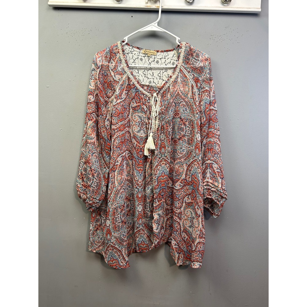 Democracy Tunic Women 1X Multicolor Paisley Boho Lace Back Tassel V-Neck Blouse